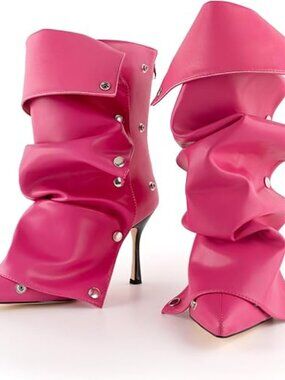 Women Pink Polyurethane Slouchy Stiletto High Heel Pointed Toe Fold Shark Boot